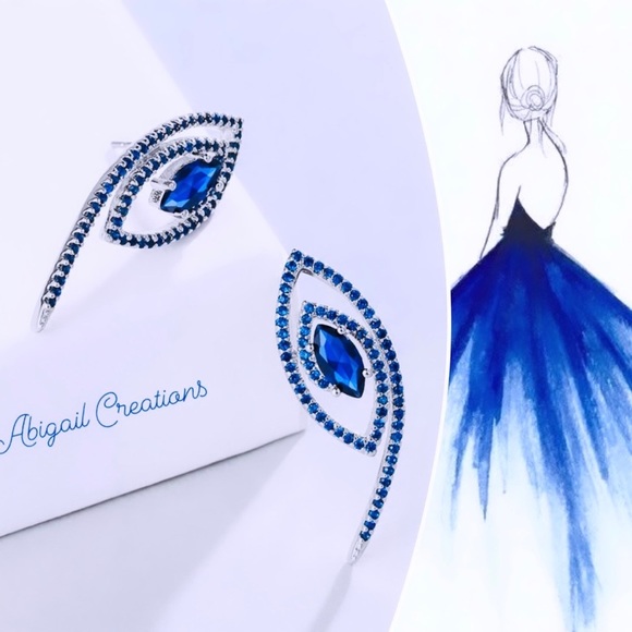 Elegant Blue Cubic Zirconia Stud Earrings • Evil Eye 🧿 Silver Plated Earrings - Picture 1 of 4
